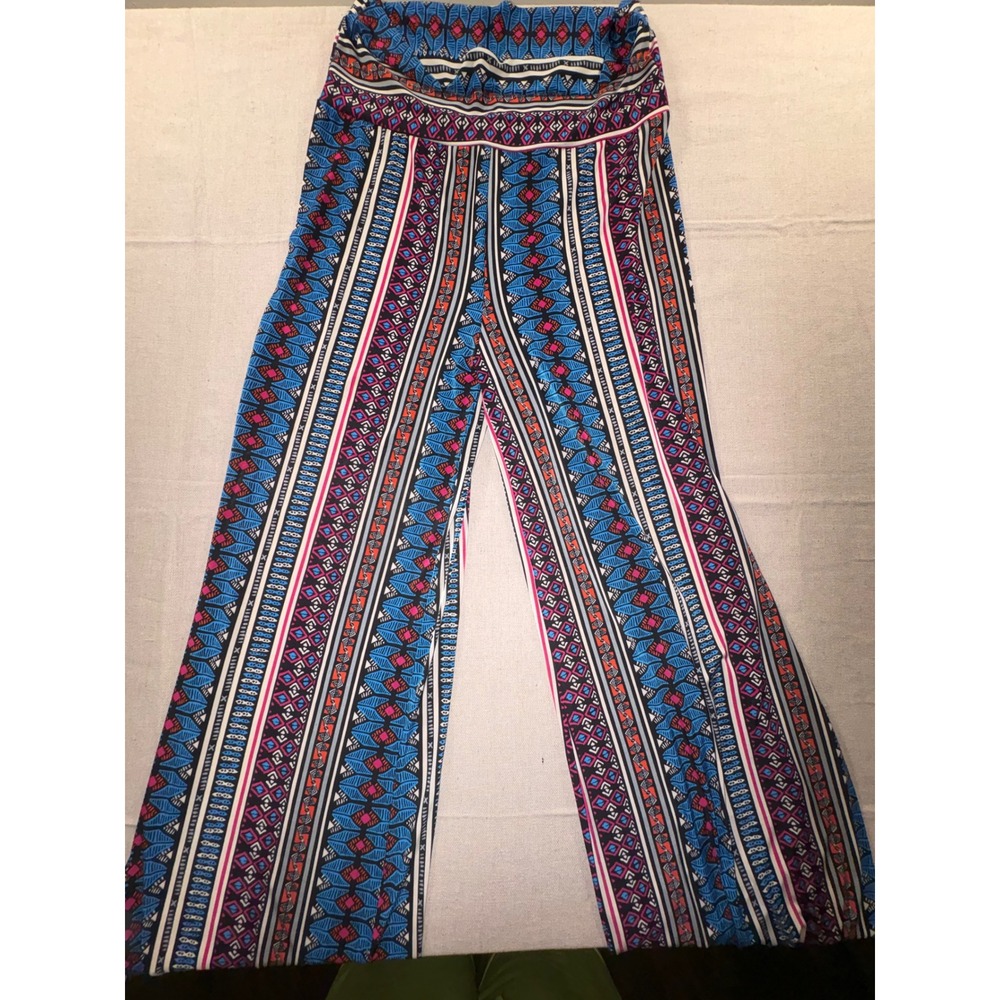 Superline Blue Pink Tribal Geometric Print Wide Leg Palazzo Pants Womens Medium